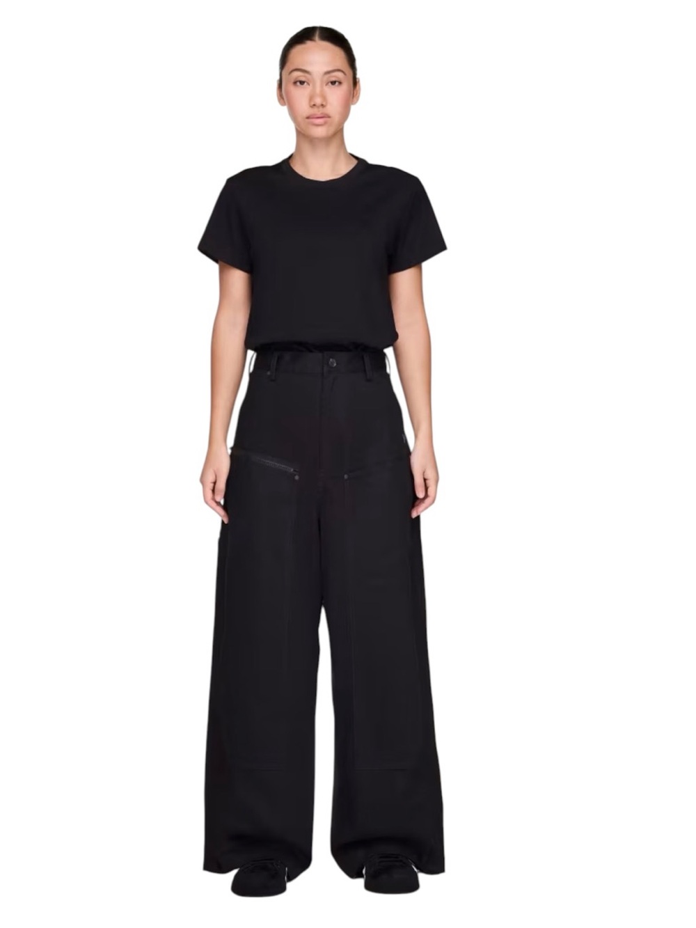 Y-3 UT Twill Pants Womens M Black Wide-Leg Cargo High Rise Zip Pocket JV6774